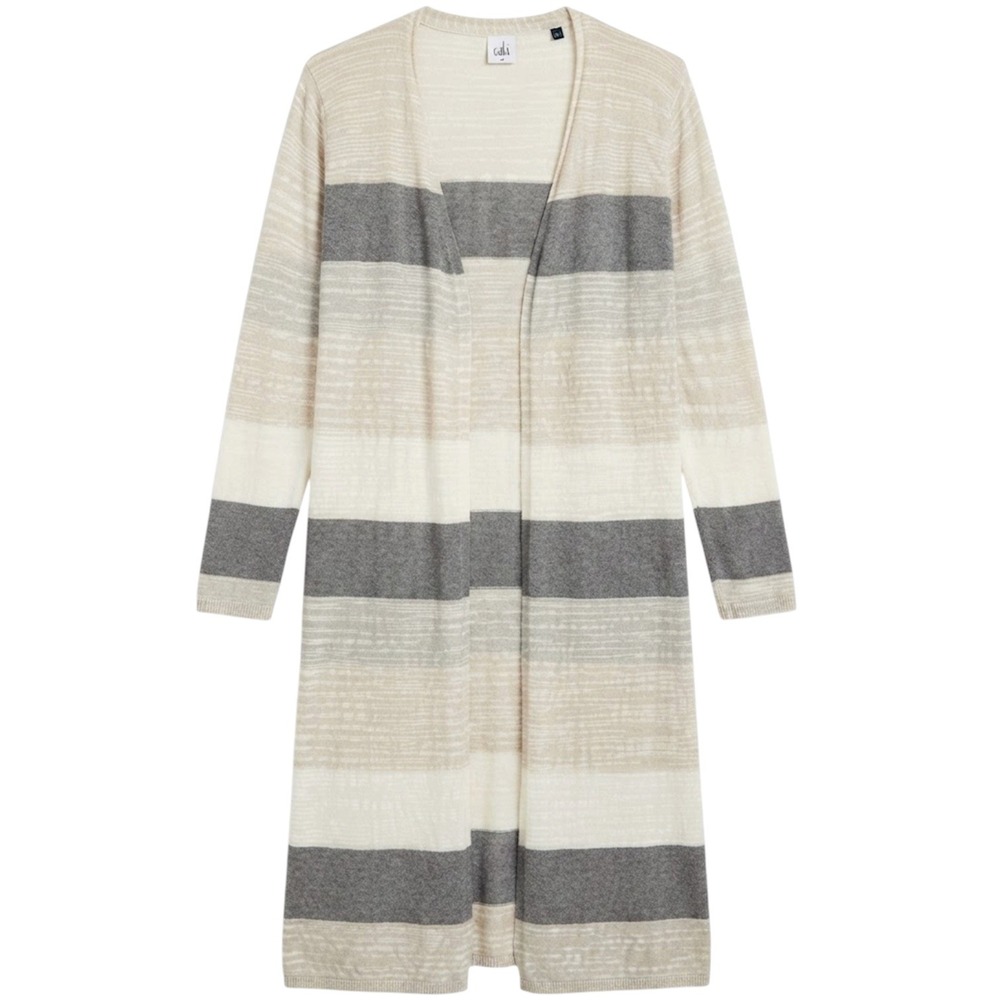 Cabi Stripe Longline Cardigan Womens M Cream Gray Open Front Duster 5018